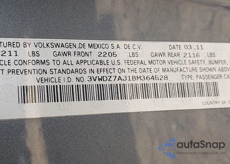 2011 Volkswagen Jetta 2.5L Se из США, поврежденный, VIN 3VWDZ7AJ1BM364528